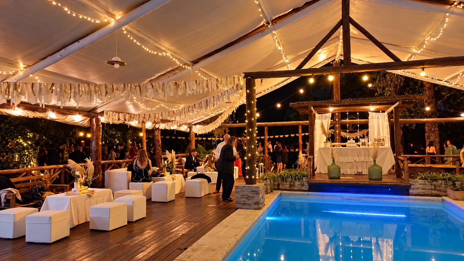 Recepción nocturna de Isla Morena junto a la pileta, con invitados y luces cálidas